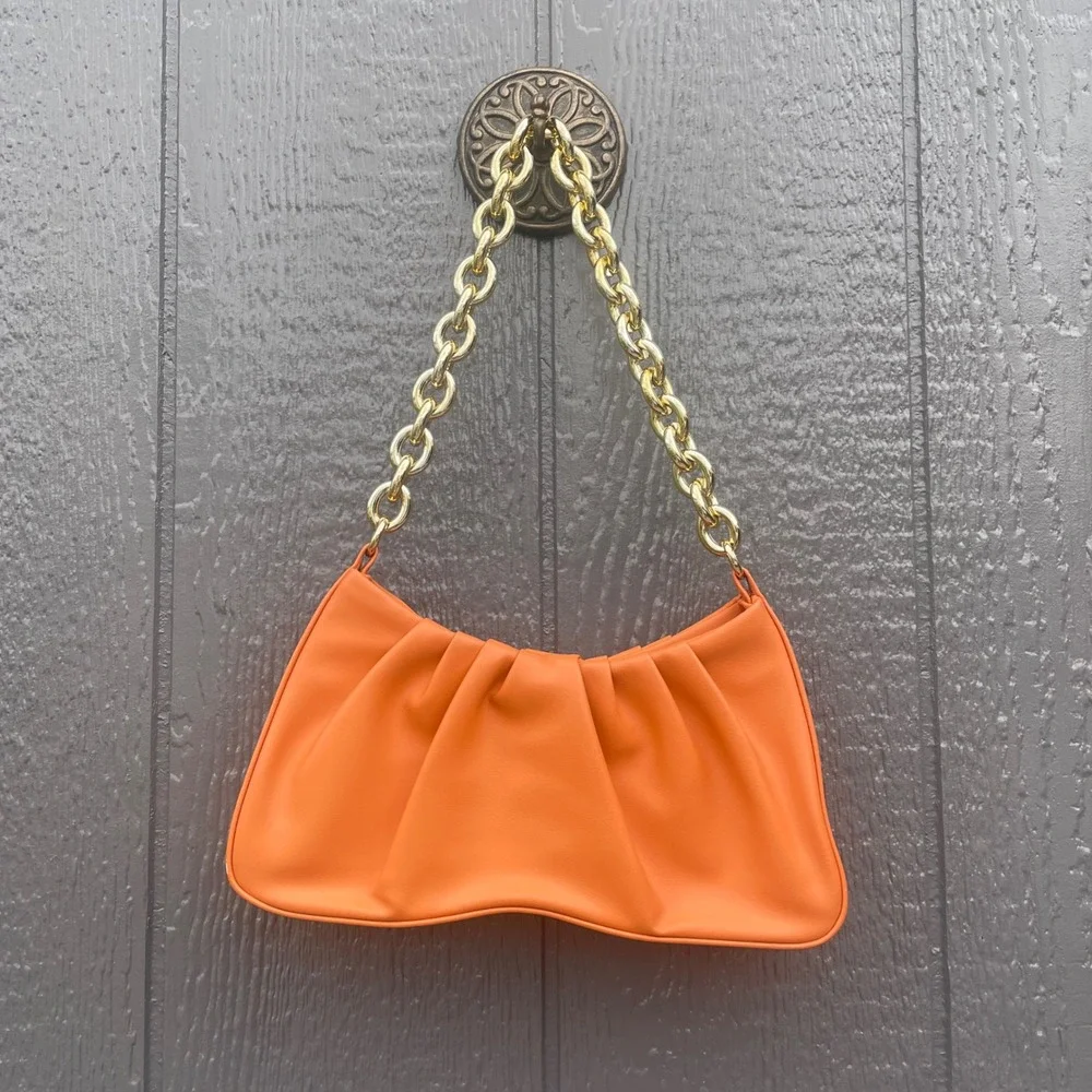 Orange Ruched Vegan Leather Shoulder Bag Chunky Gold Chain‎ Handle Hobo Bag